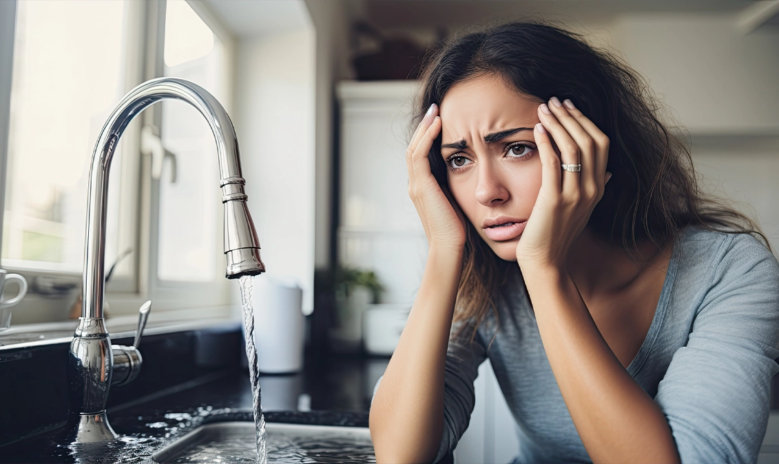 A woman stands at a kitchen sink with water overflowing, looking distressed with her hands on her head. She wears a gray sweater and a ring on her finger.