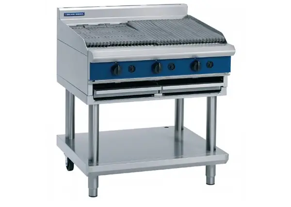 High-quality commercial gas griddle with multiple burners and storage.