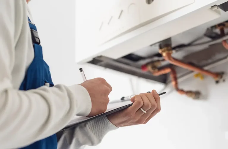 Commercial gas engineer checking gas appliances and pipework