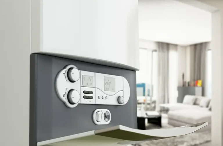Close-up of a gas boiler control panel in a stylish living room