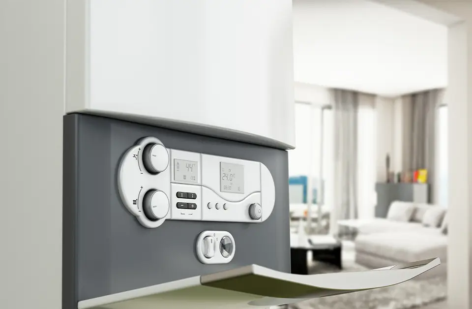 Close-up of a gas boiler control panel in a stylish living room