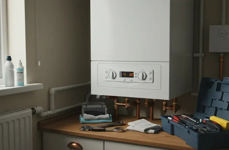 A commercial gas boiler with tools and cleaning supplies nearby.