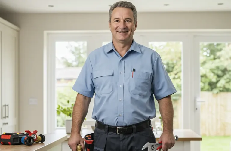 Smiling commercial gas engineer standing in a kitchen