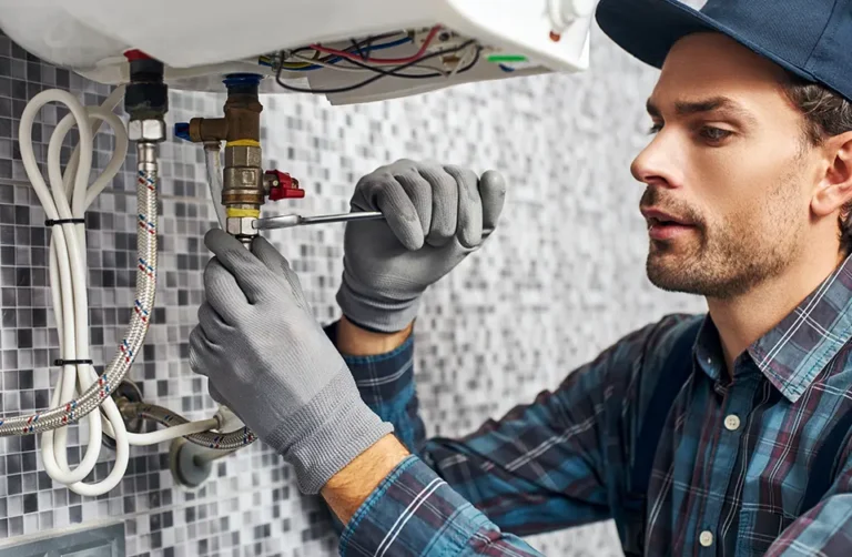Plumber using a wrench to repair water pipes under a sink, wearing gloves and a plaid shirt, set against a tiled wall background.