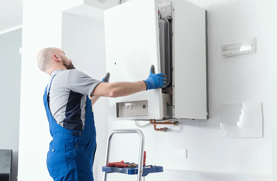 A technician in blue overalls and gloves installs a wall-mounted heating unit, using a step ladder for better access in a modern interior setting.