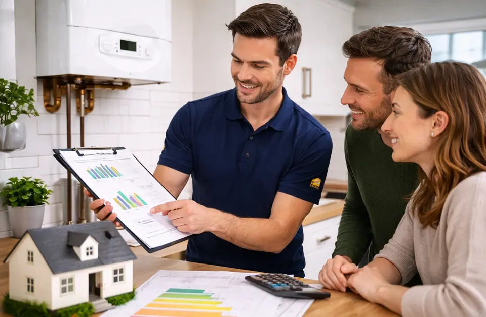 Commercial gas engineer discussing energy efficiency with clients