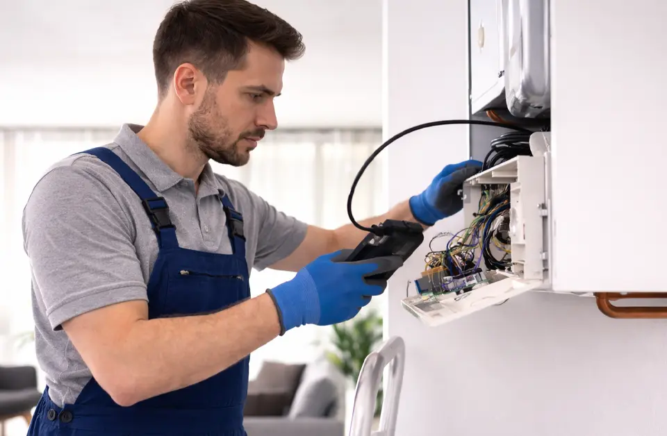 Technician inspecting electrical components of a heating system with a multimeter.