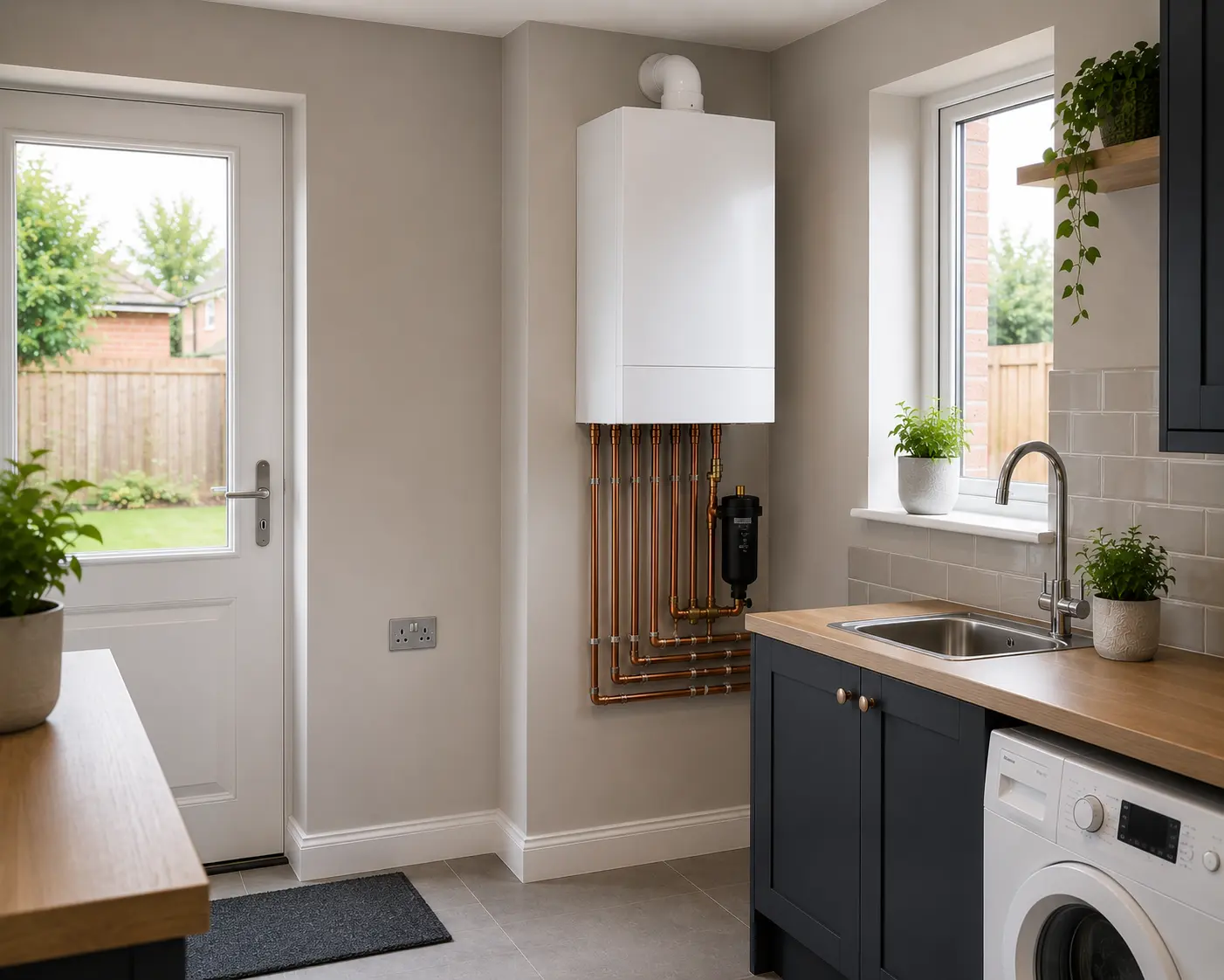 Interior view of a kitchen featuring a gas boiler and copper pipework