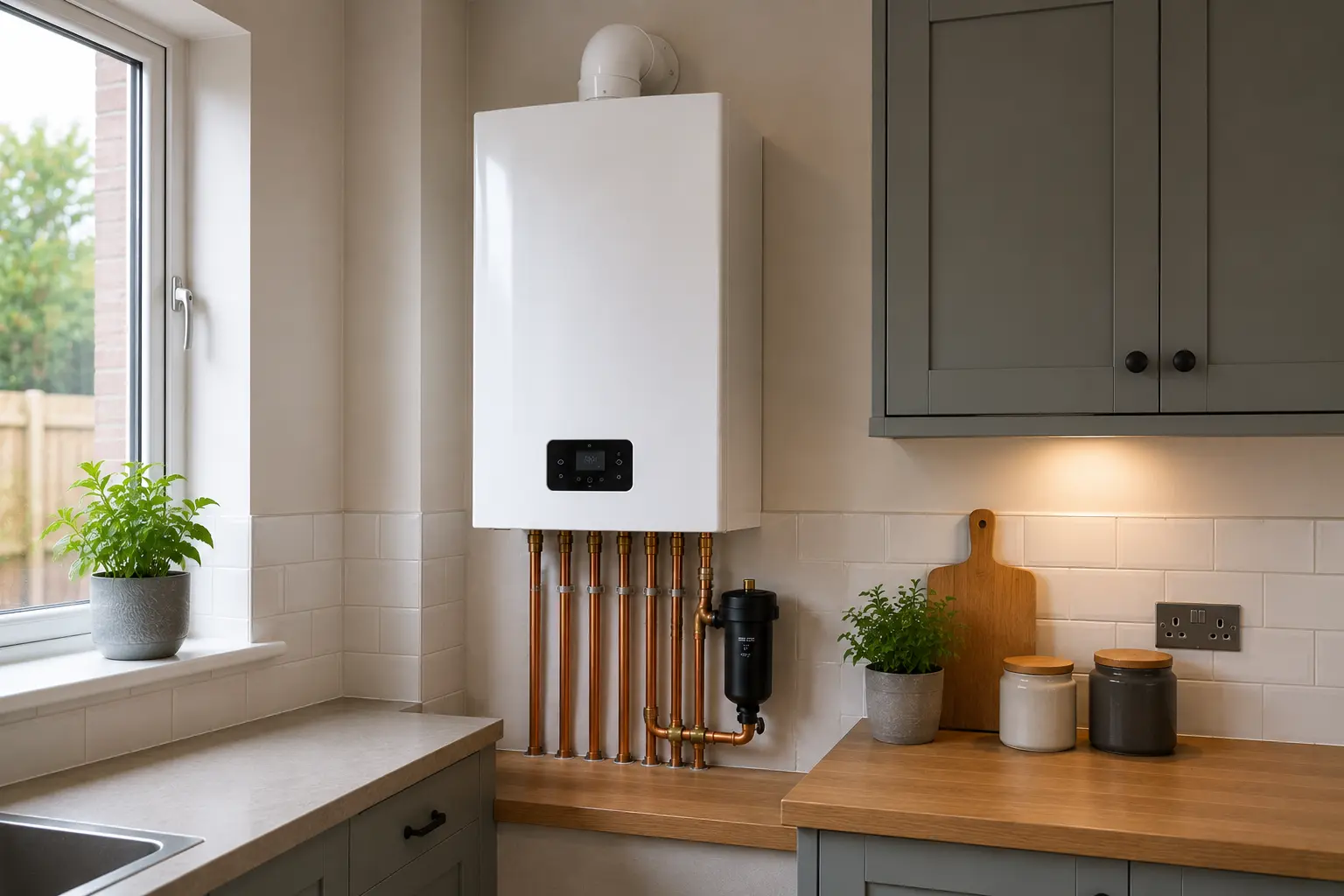 Gas boiler with copper pipework installed in a modern kitchen