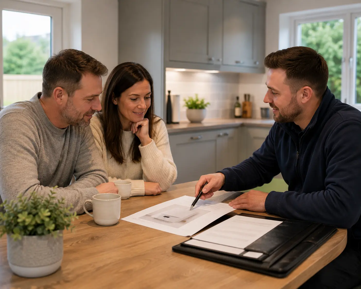 Gas engineer discussing plans with clients in a kitchen setting