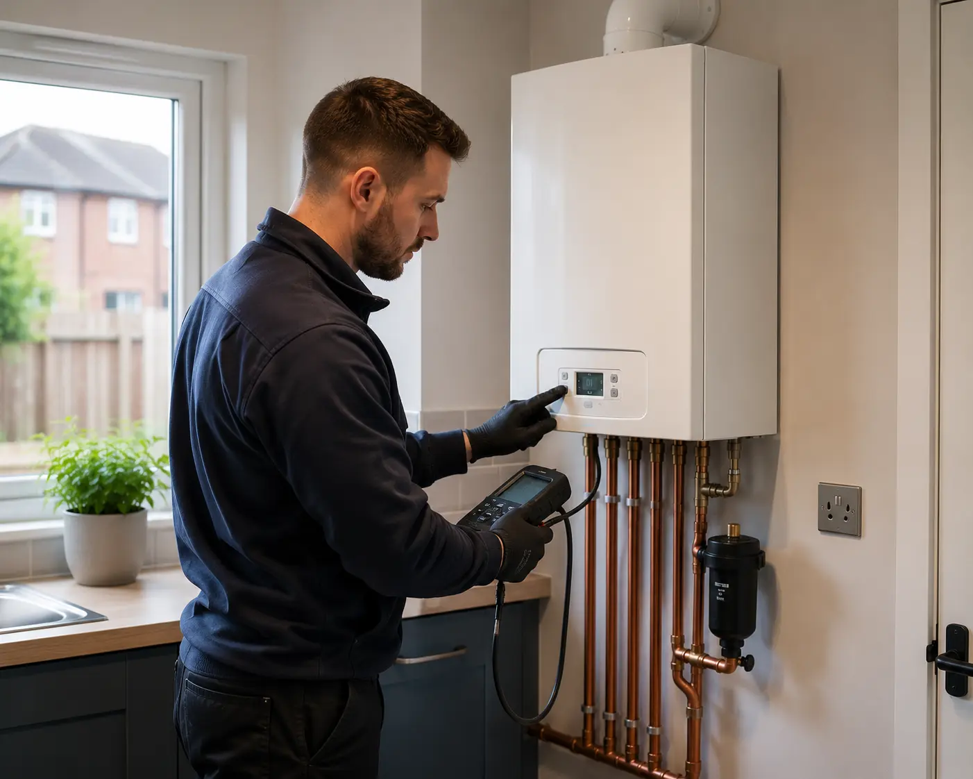 Gas engineer inspecting boiler system in a residential kitchen