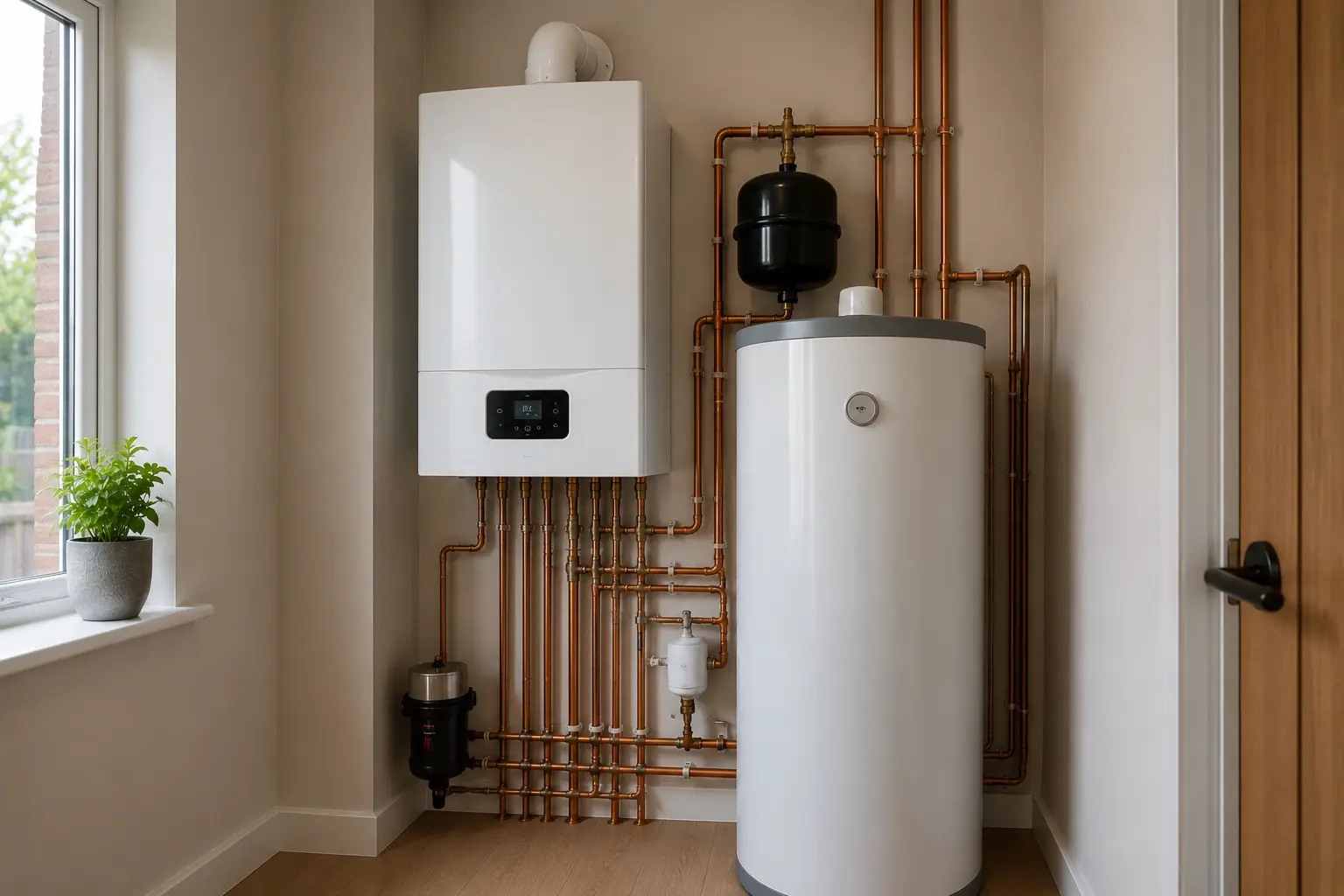 Gas boiler and heating system with copper pipework in a home.