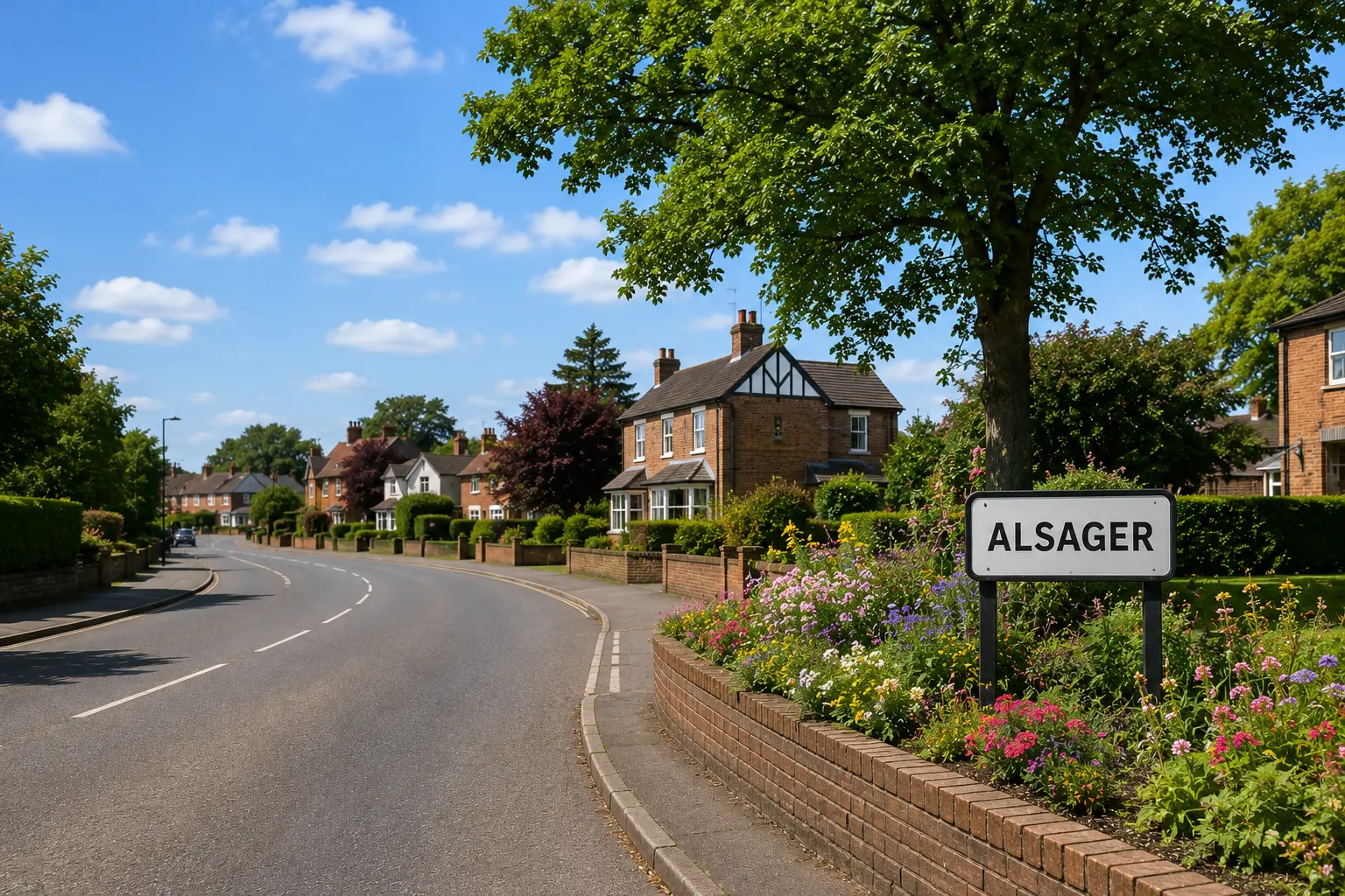 Quiet residential street in Alsager with greenery and flowers