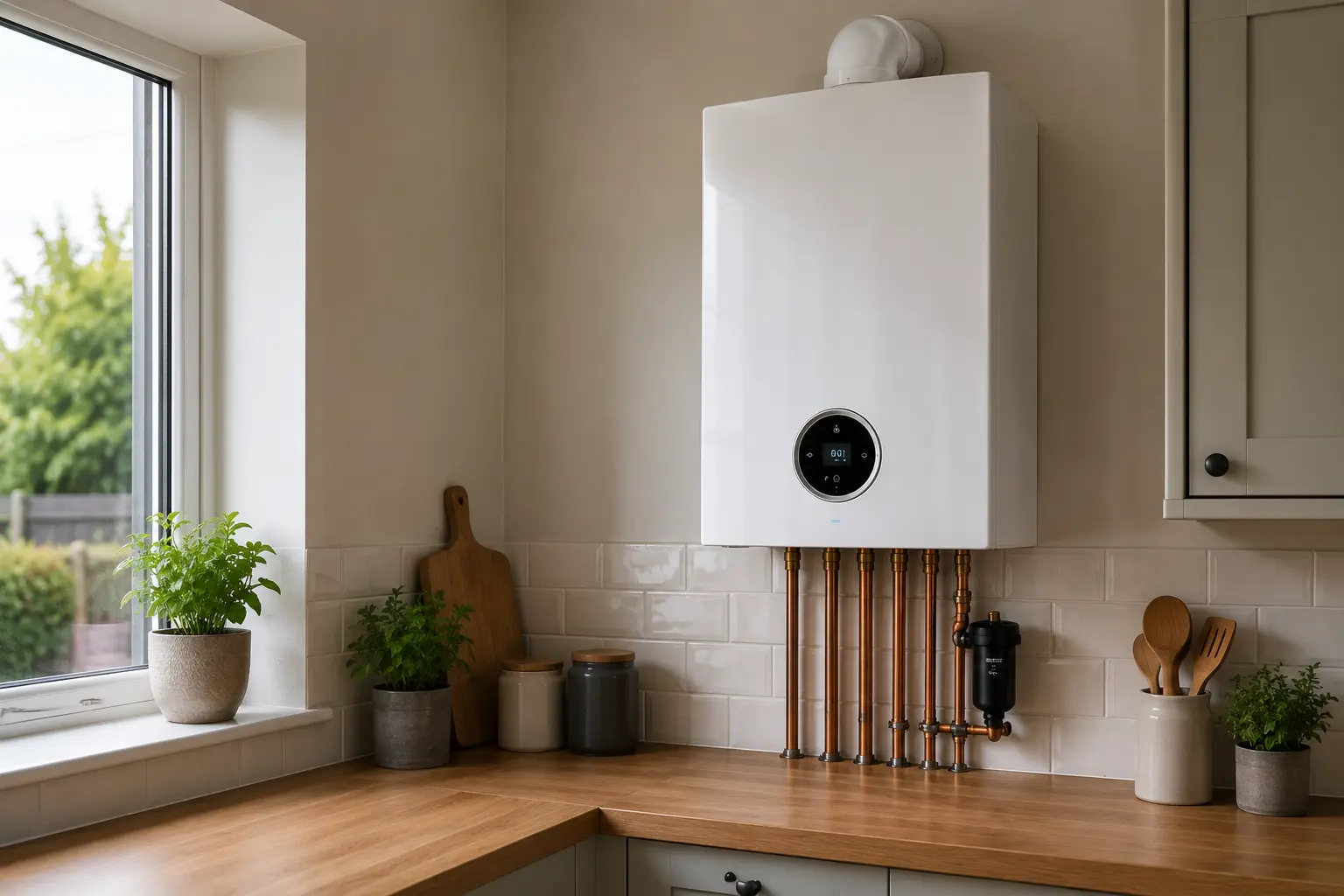Contemporary gas boiler with copper pipework in a kitchen
