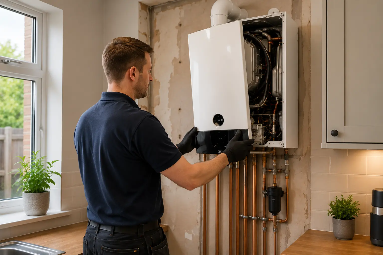 Commercial gas engineer inspecting a boiler installation in a kitchen.