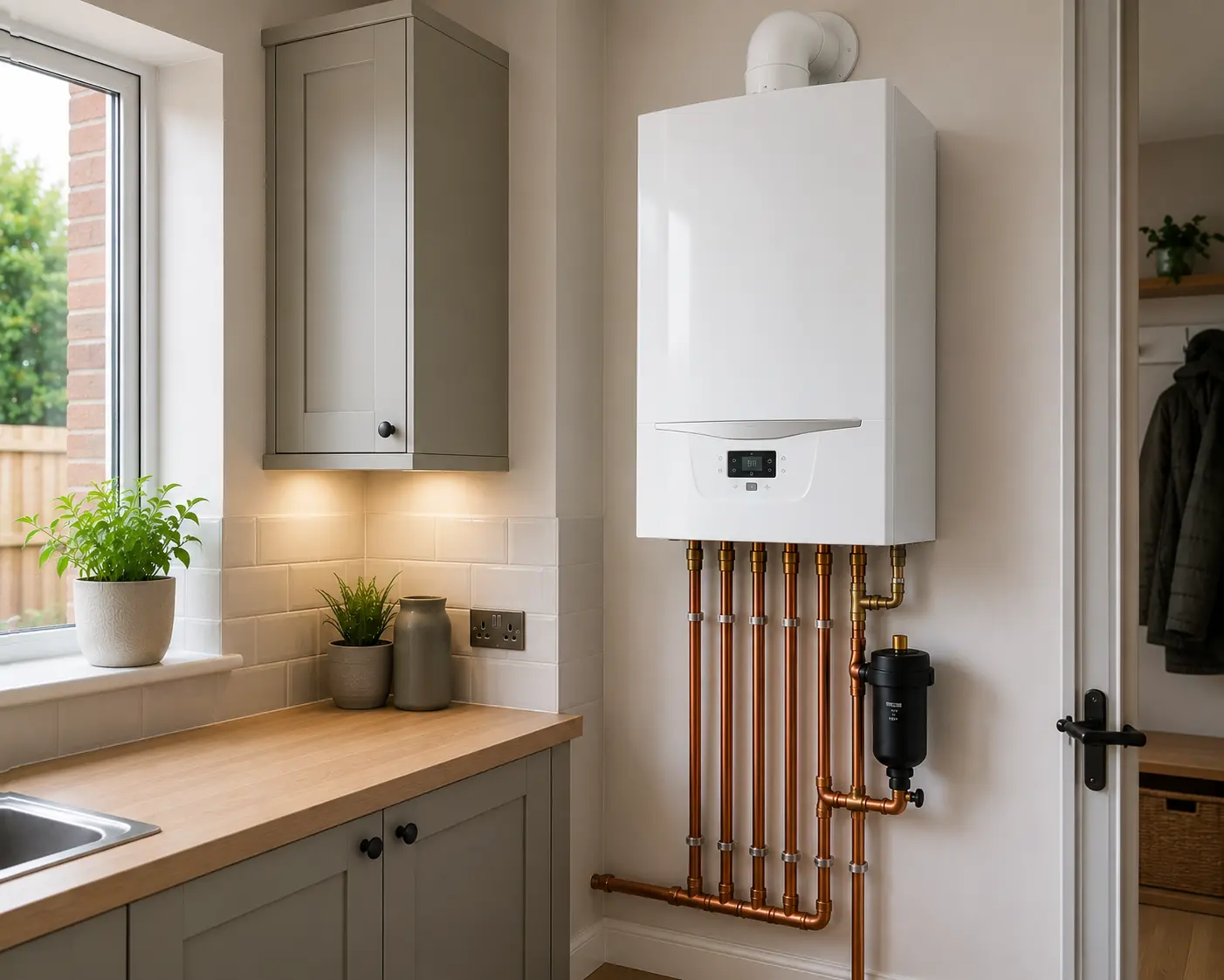 New gas boiler with copper pipework installed in a kitchen