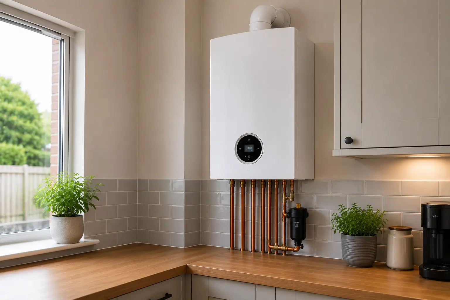 Gas boiler with copper pipework installed in a modern kitchen