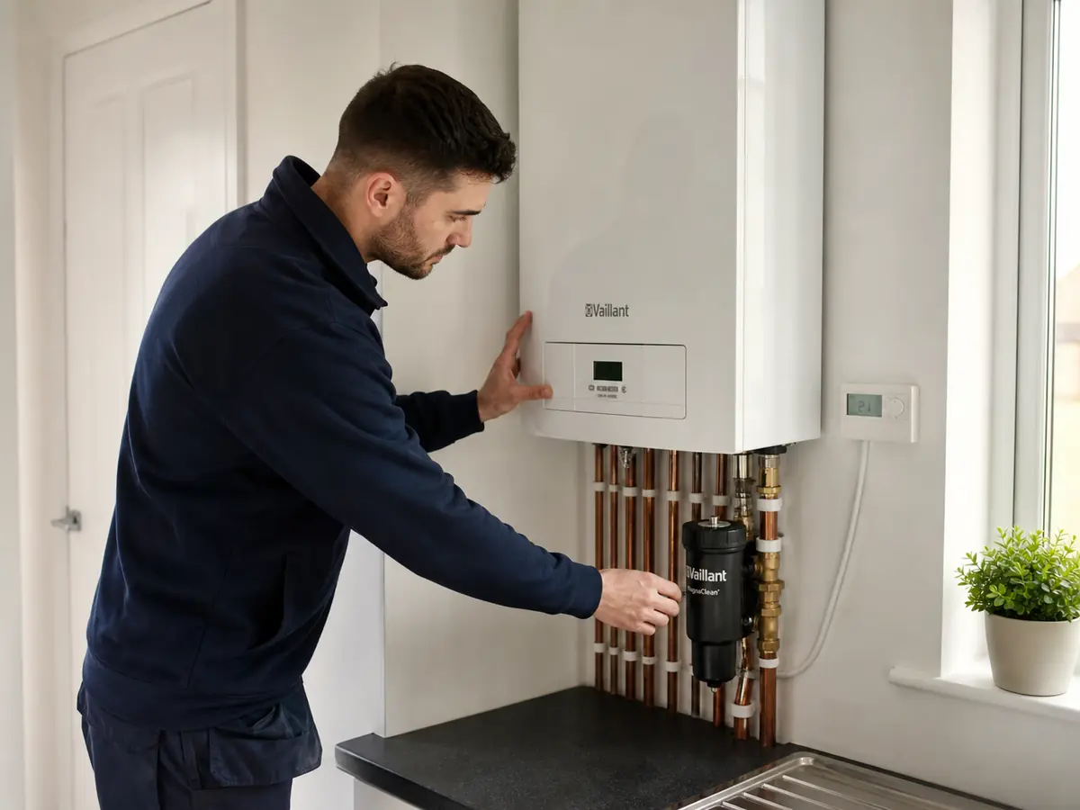 A commercial gas engineer servicing a Vaillant boiler in a kitchen.