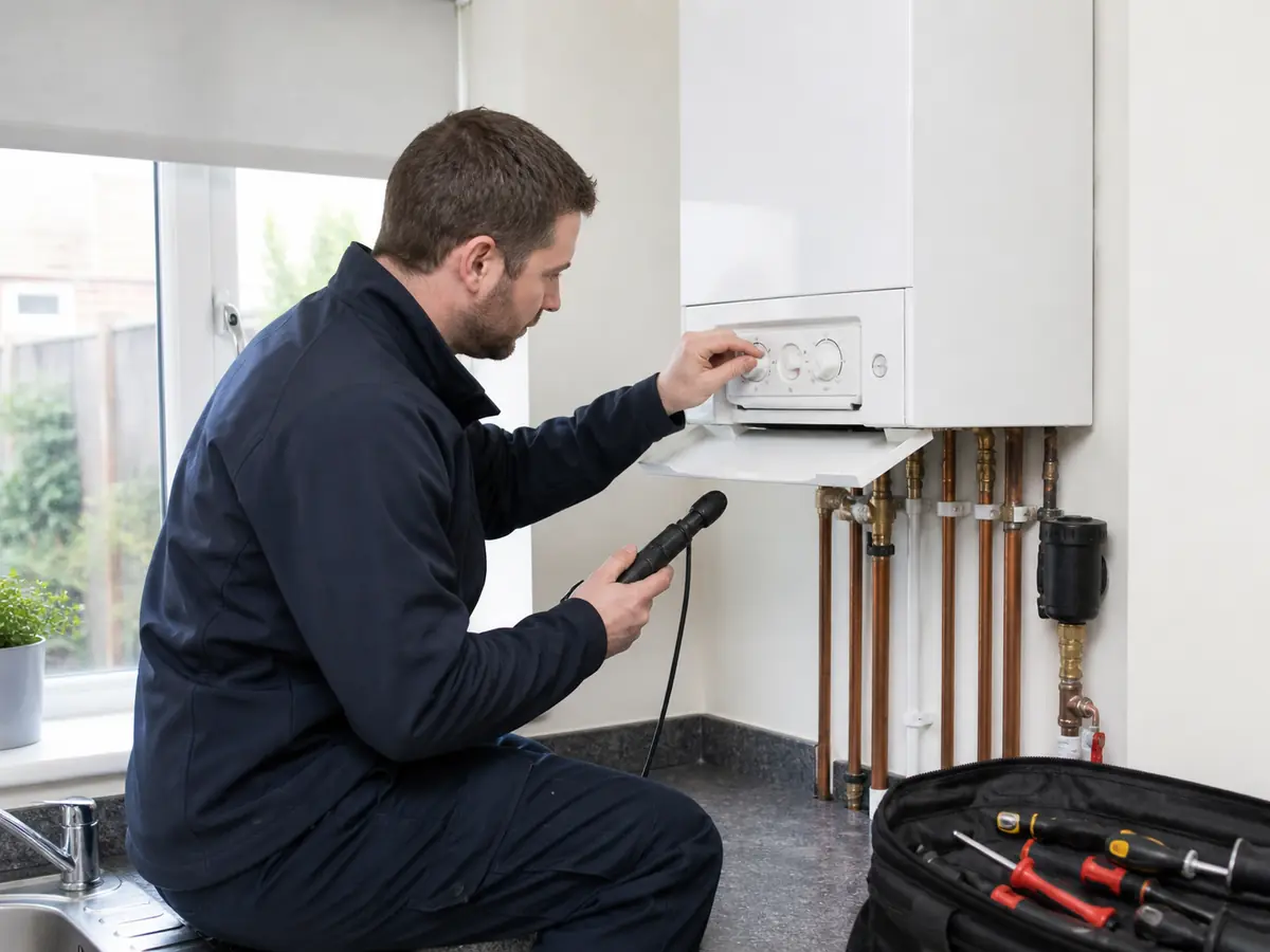 A commercial gas engineer inspecting a boiler in a kitchen.