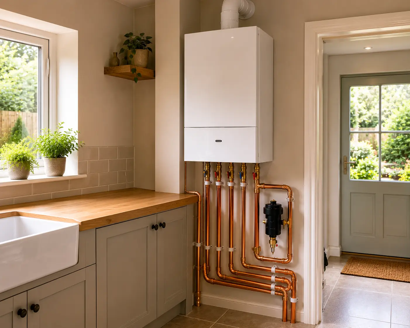 Modern gas boiler with copper pipework in a home kitchen
