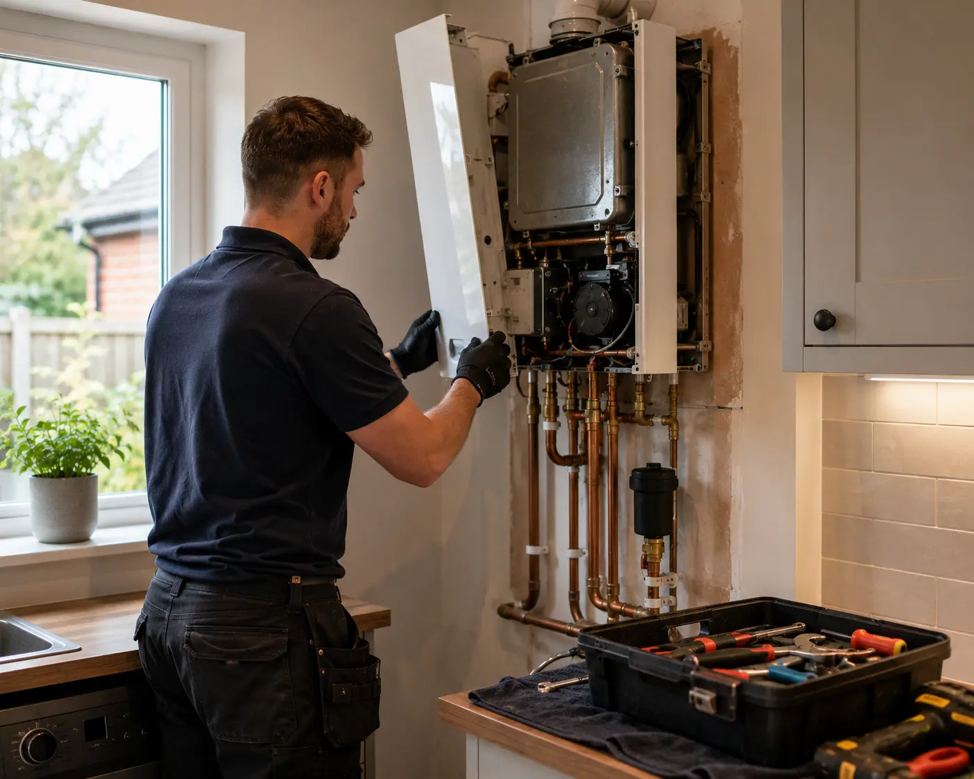 Gas engineer inspecting a gas appliance in a kitchen setting