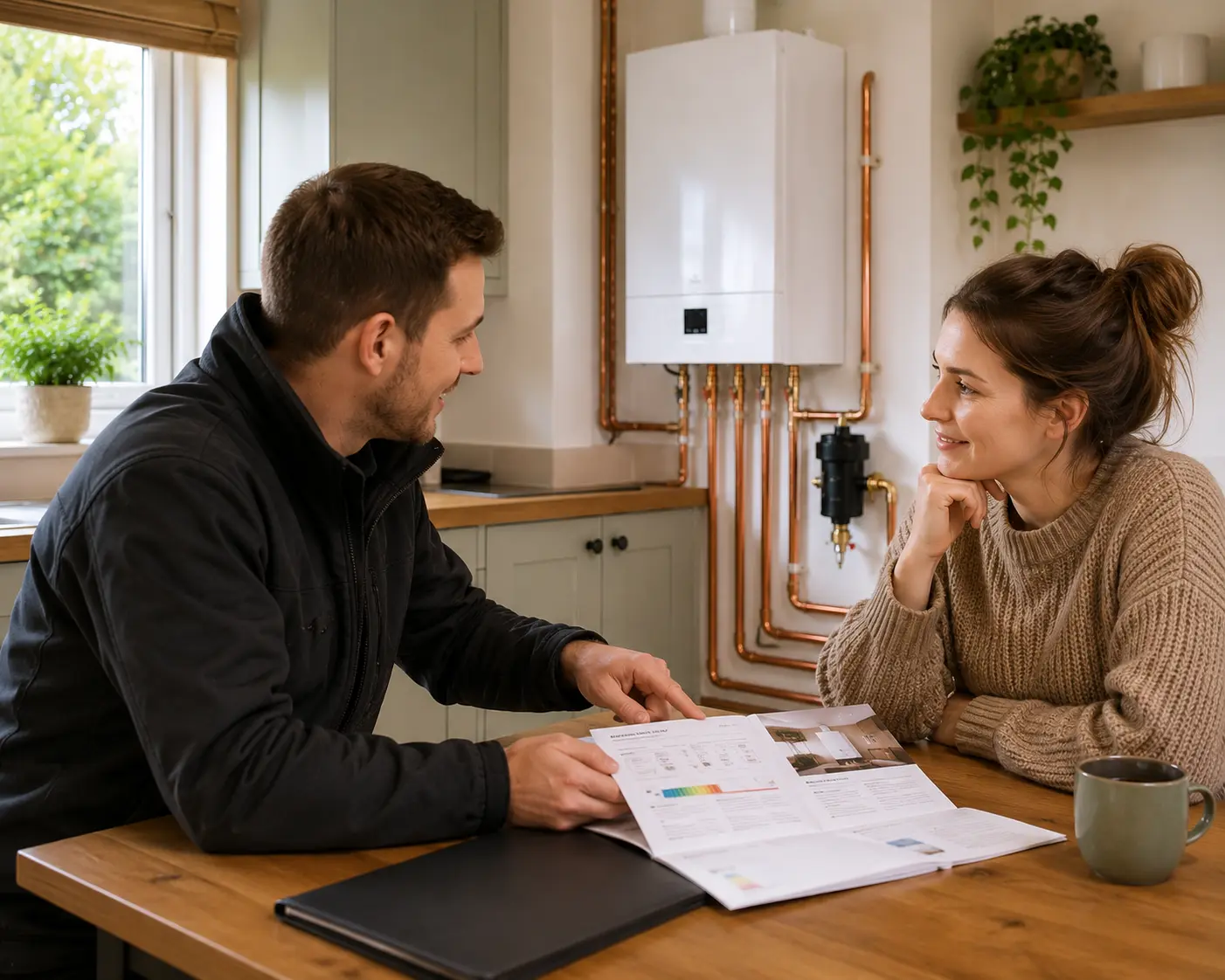 Commercial gas engineer discusses plans with a client at a kitchen table.