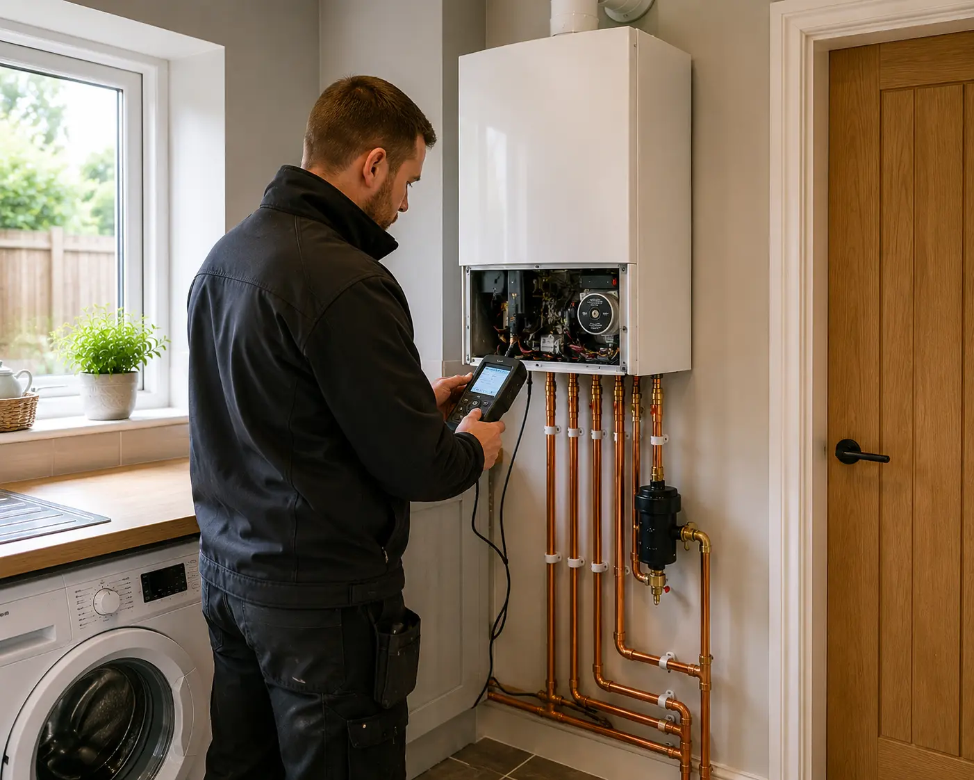 Commercial gas engineer inspecting a gas boiler installation