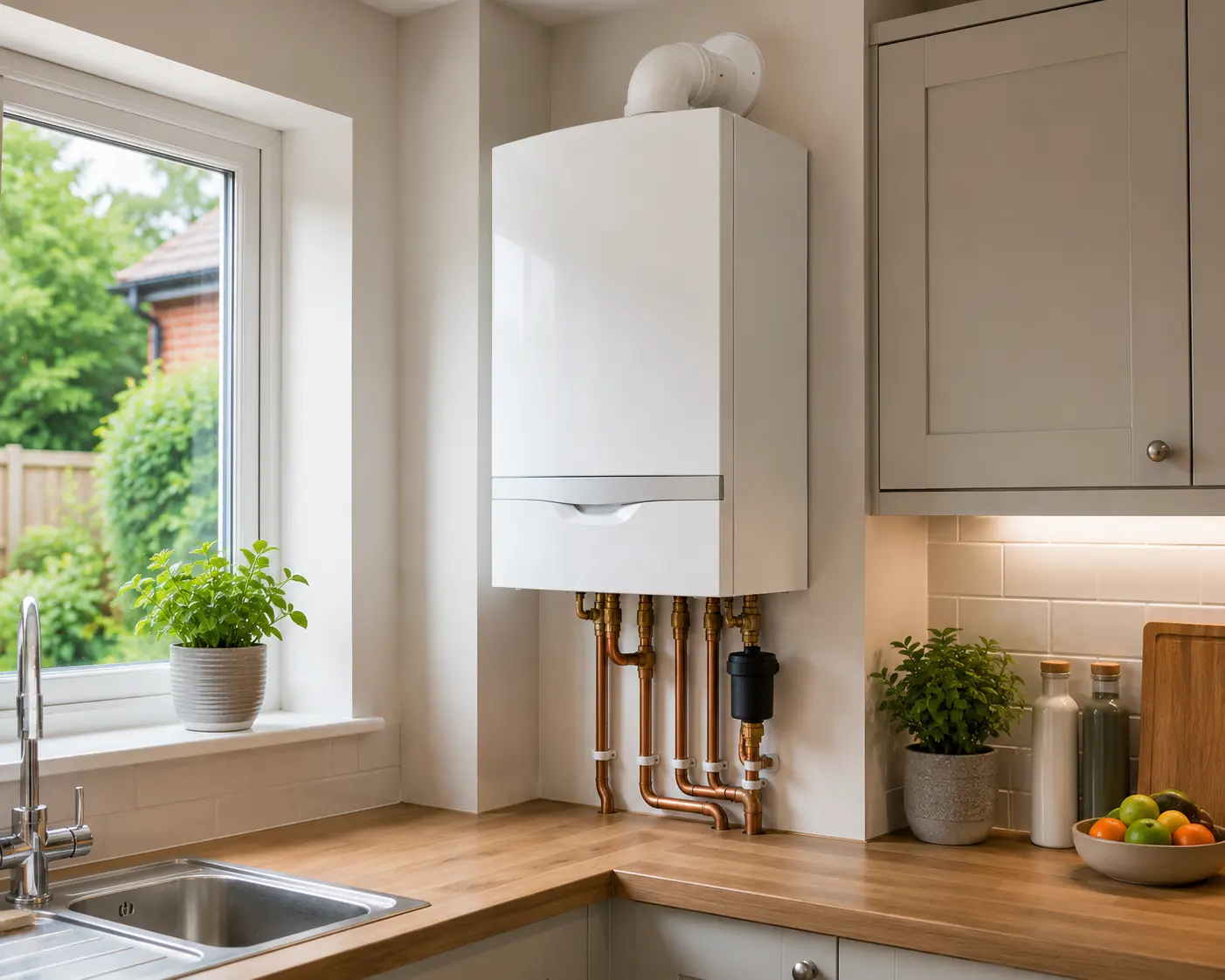 Contemporary kitchen featuring a gas boiler with pipework