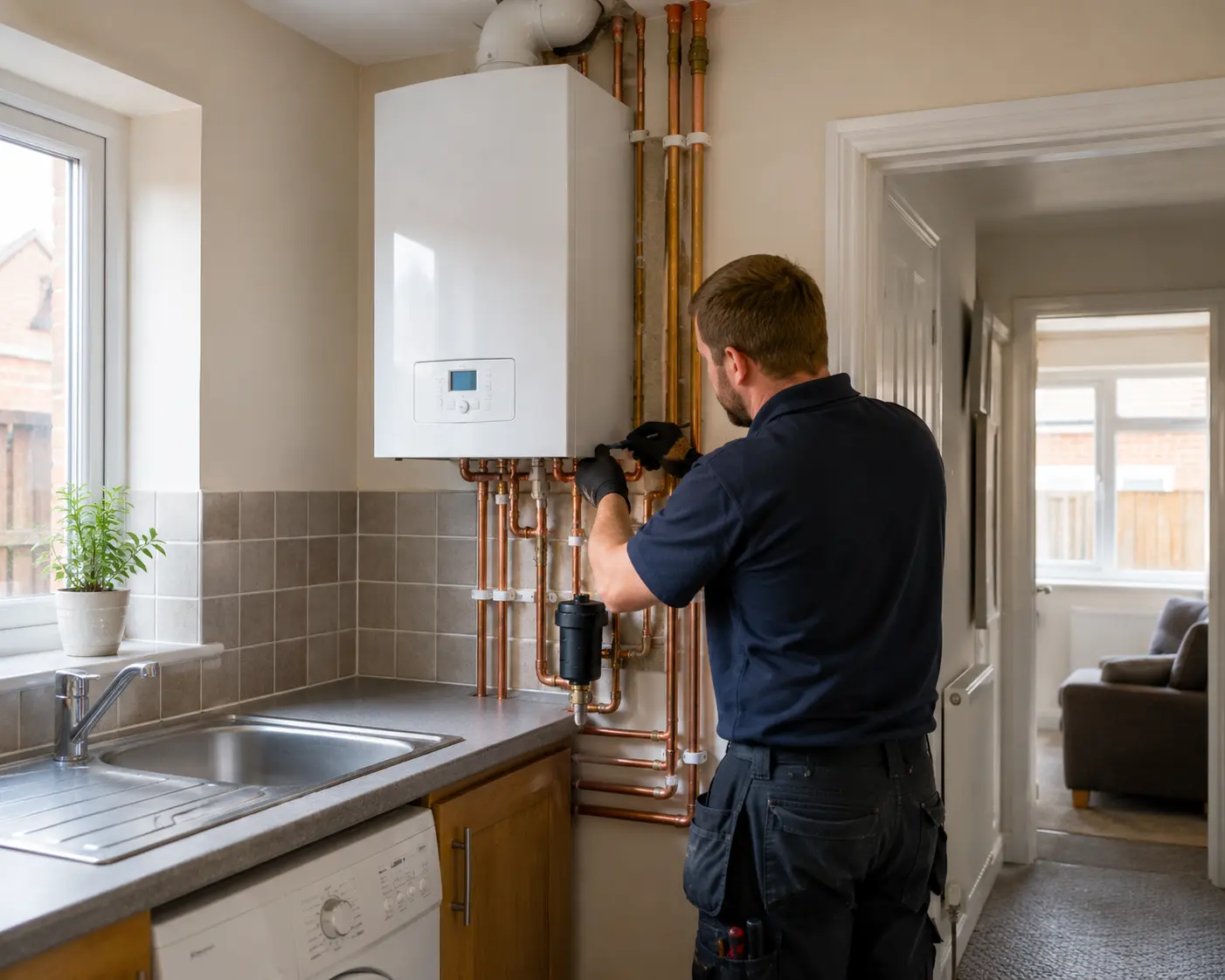 Commercial gas engineer servicing a gas boiler in a kitchen