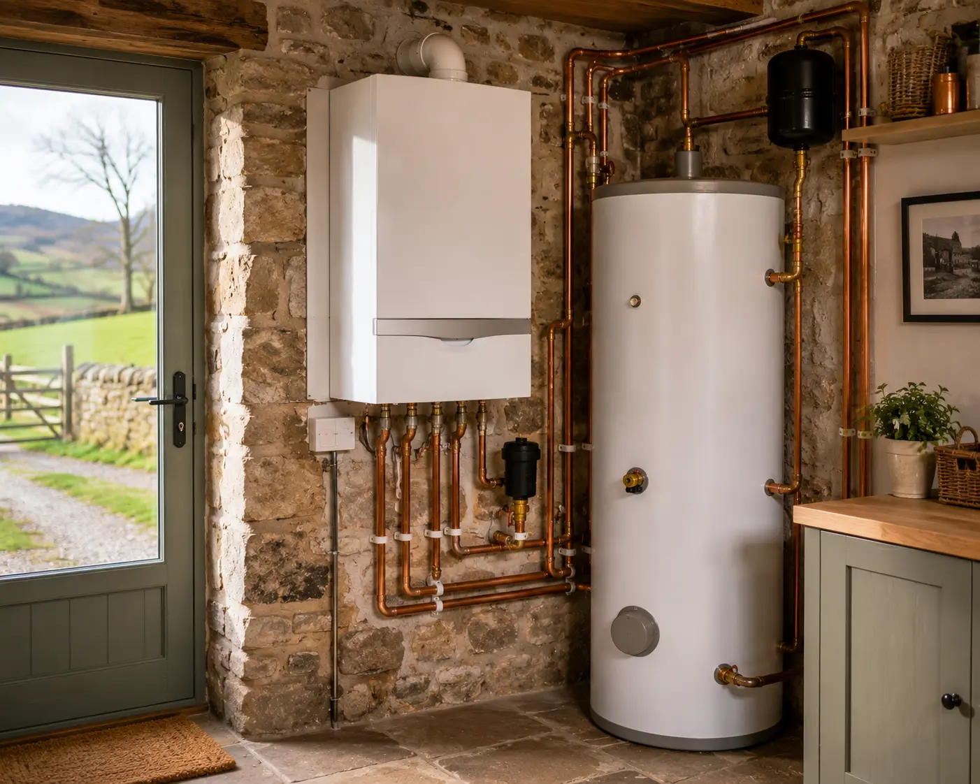 Commercial gas appliances and pipework in a kitchen setting