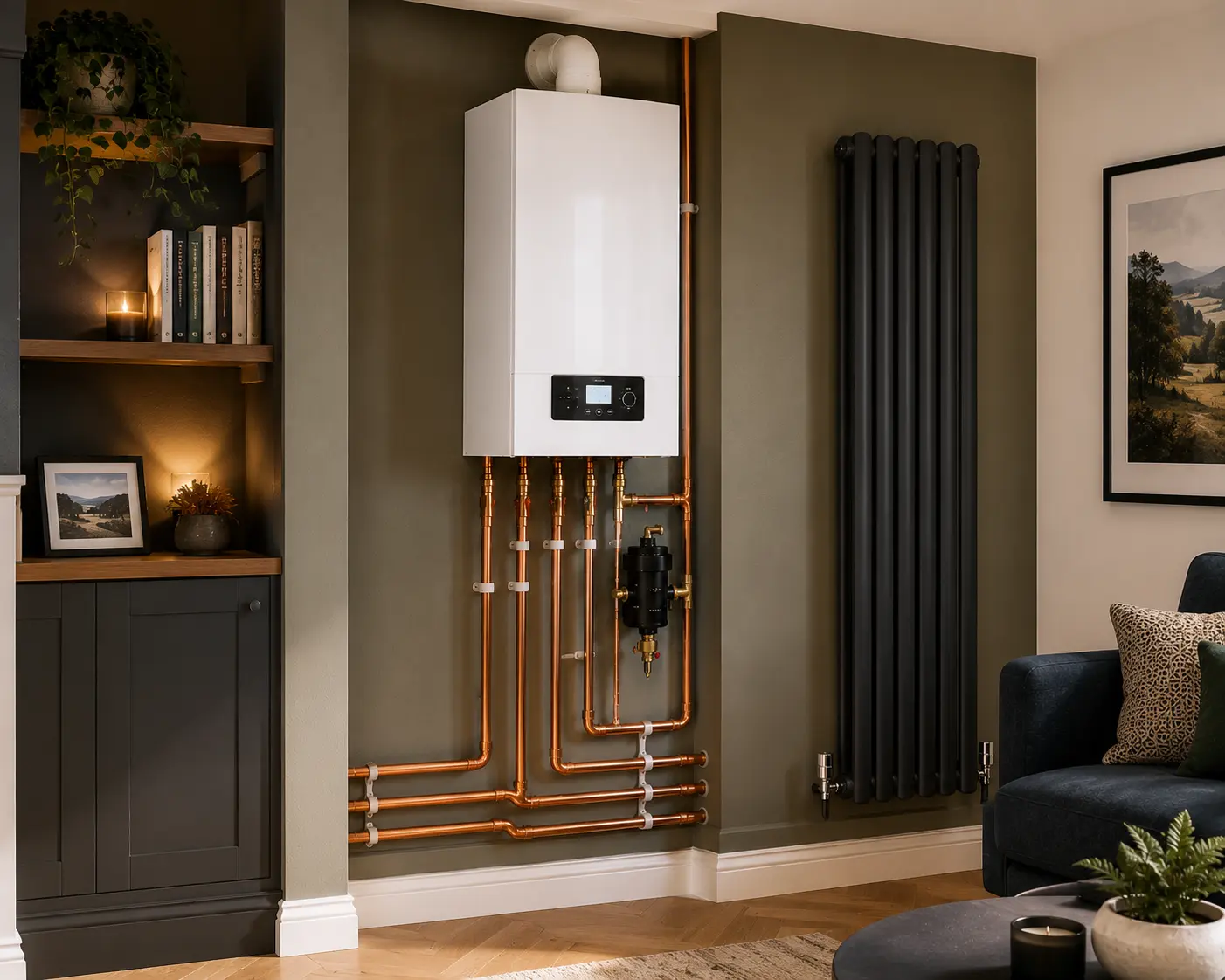 Gas boiler with copper pipework and radiator in a cozy living room.