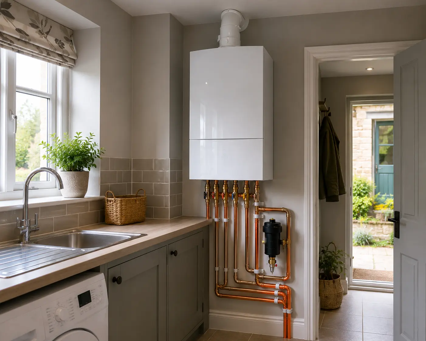 Gas boiler with copper pipework in a contemporary kitchen setting
