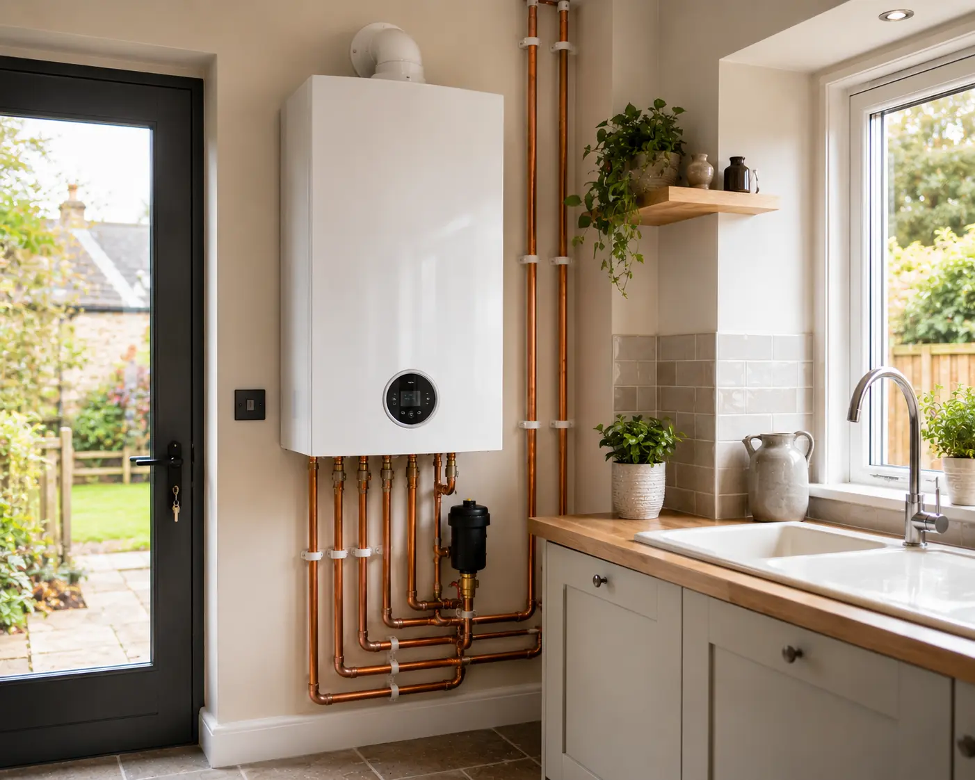 Gas boiler with copper pipework installed in a modern kitchen