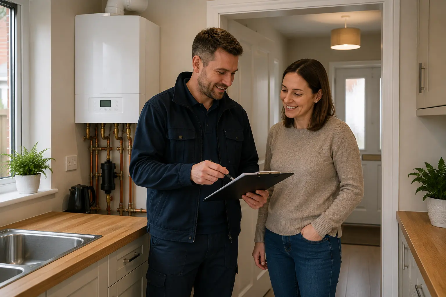 Commercial gas engineer discussing with a client in a kitchen.
