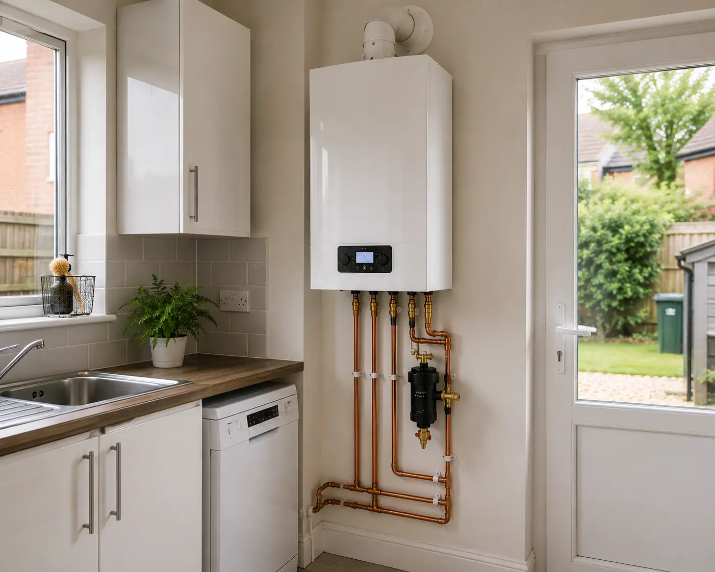 Contemporary gas boiler with copper pipework in a kitchen
