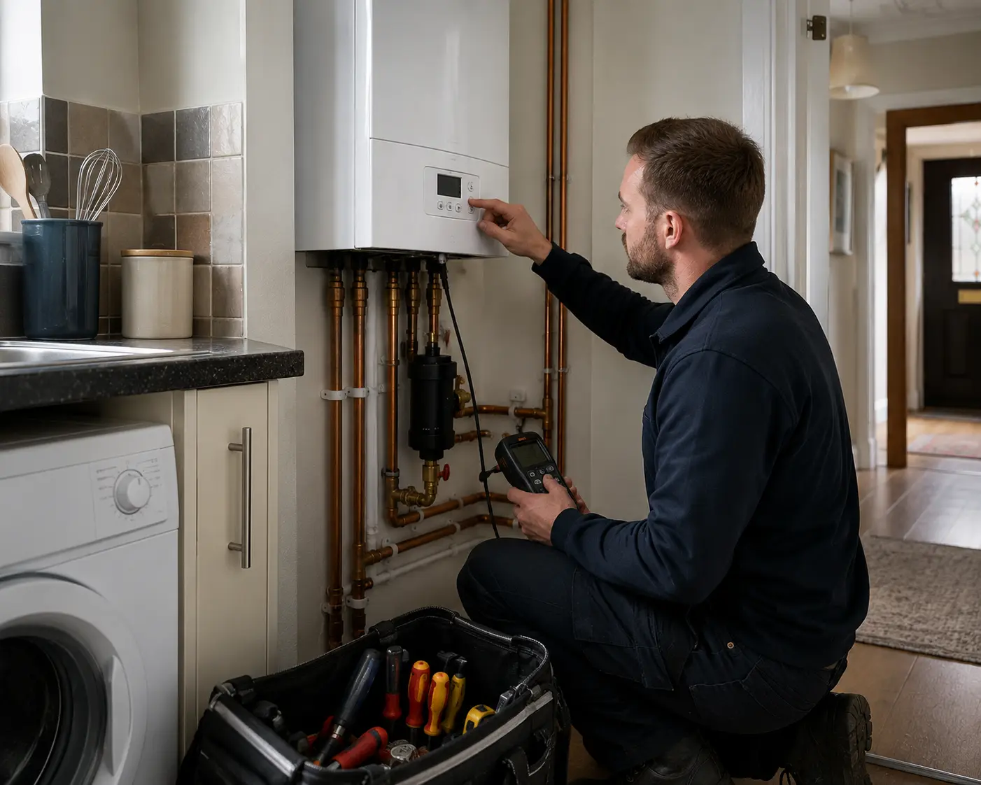 Commercial gas engineer adjusting a gas boiler in a kitchen.