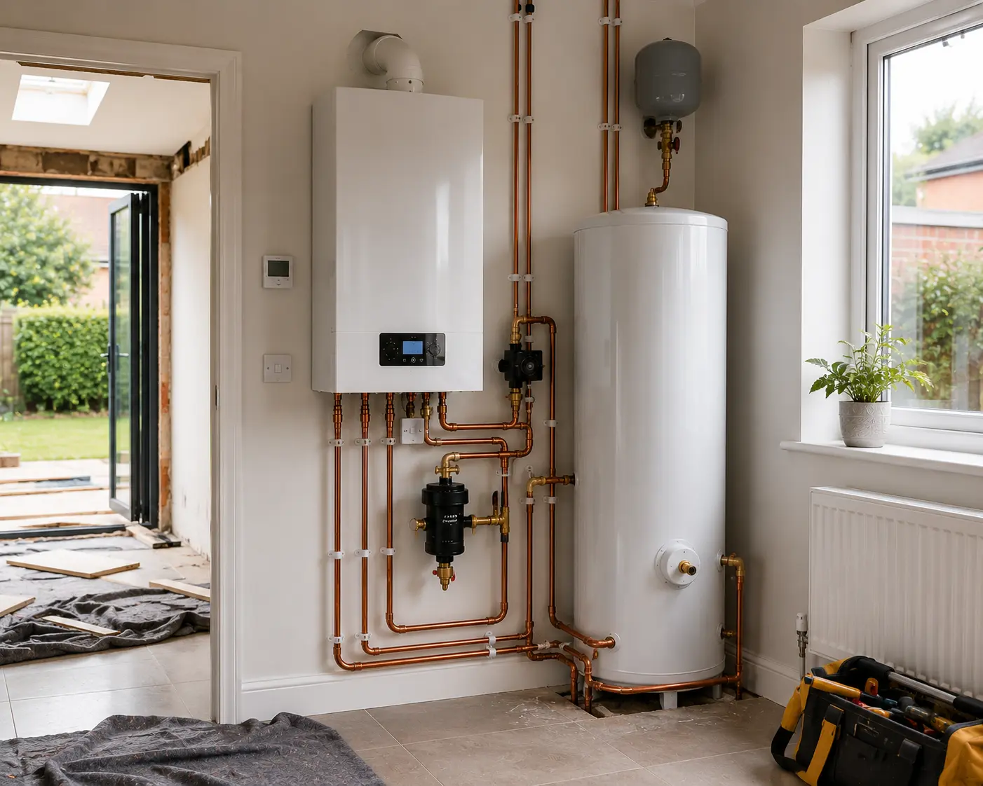 Gas boiler and pipework installation in a modern kitchen