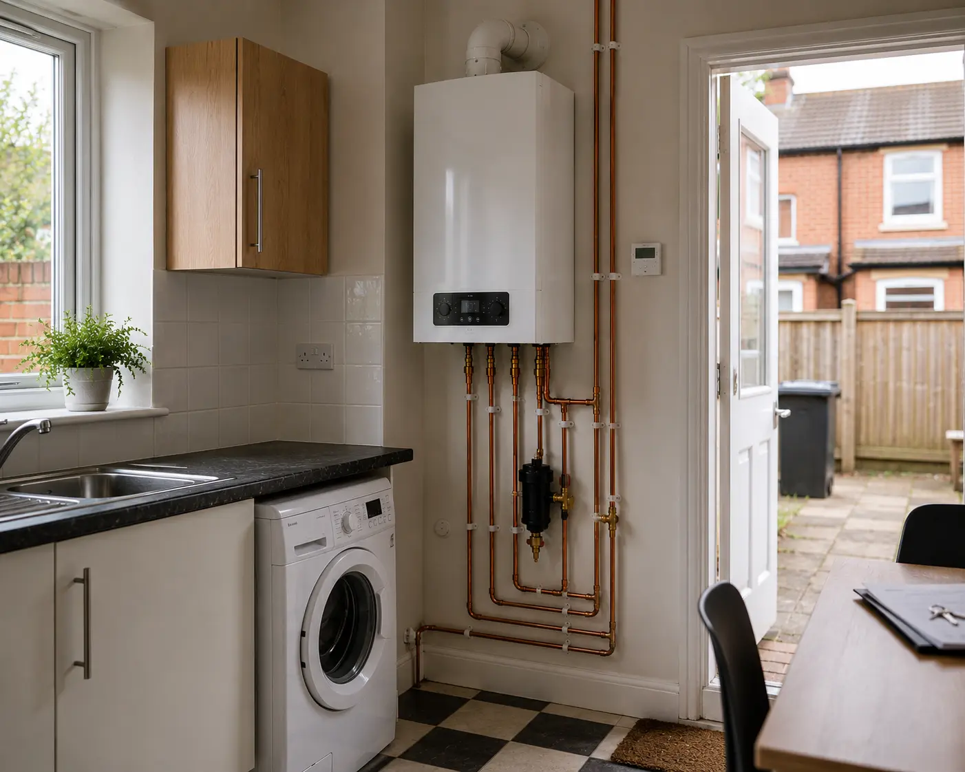 Gas boiler installation with copper pipework in a kitchen