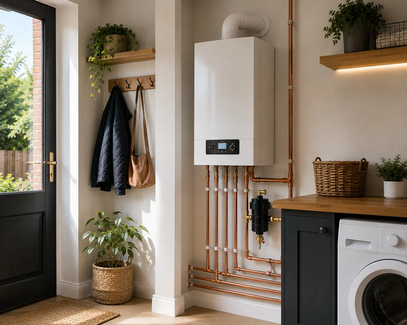 A modern gas boiler with copper pipework in a stylish kitchen