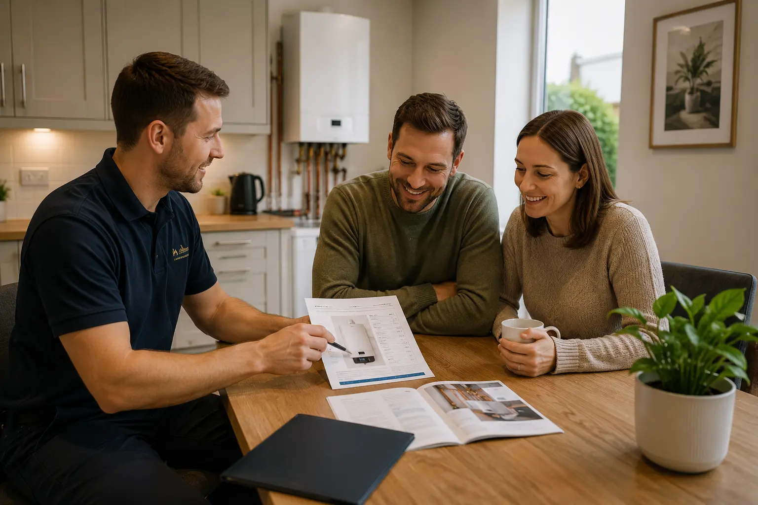 Commercial gas engineer discussing options with clients in a kitchen.