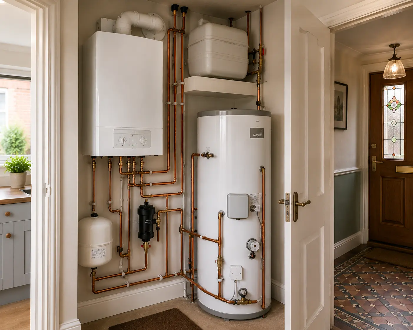 Gas boiler and water tank with pipework in a home interior