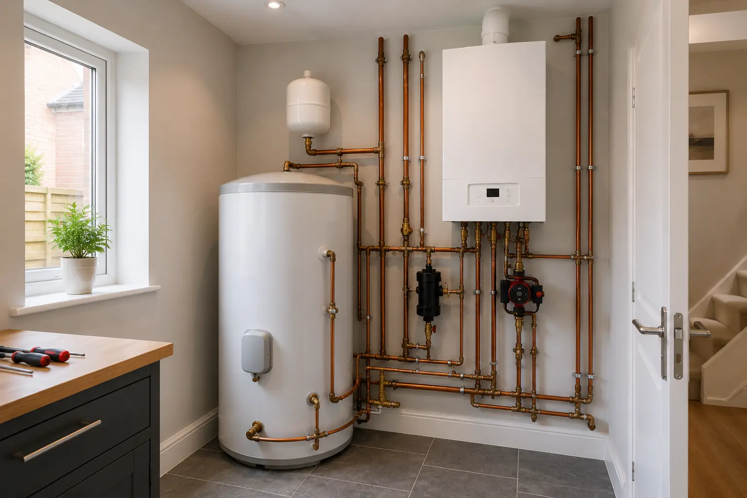 Gas appliances and pipework in a modern kitchen setting