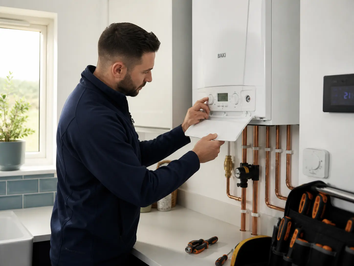 Commercial gas engineer adjusting settings on a boiler