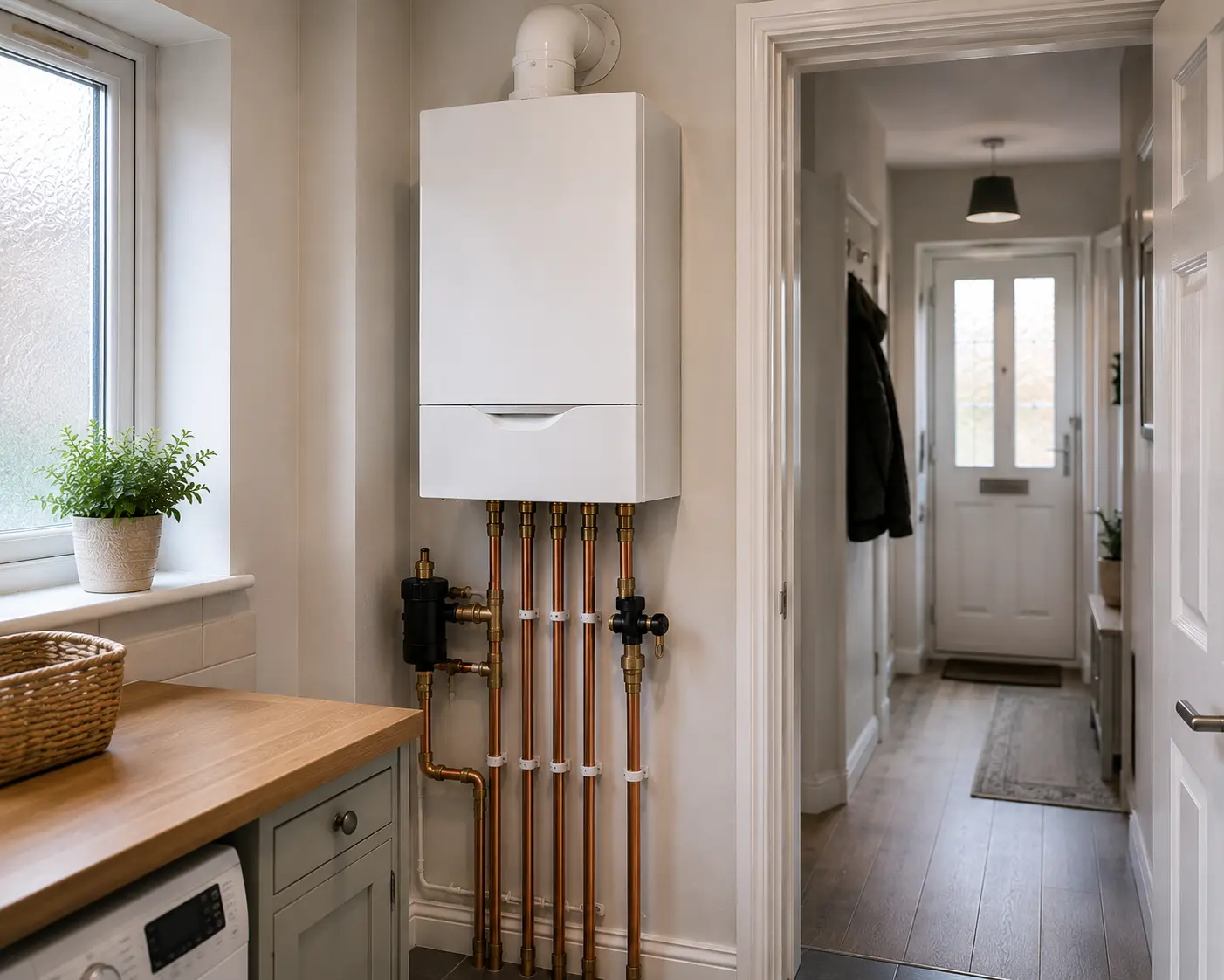 Gas boiler installed with copper pipework in a residential kitchen