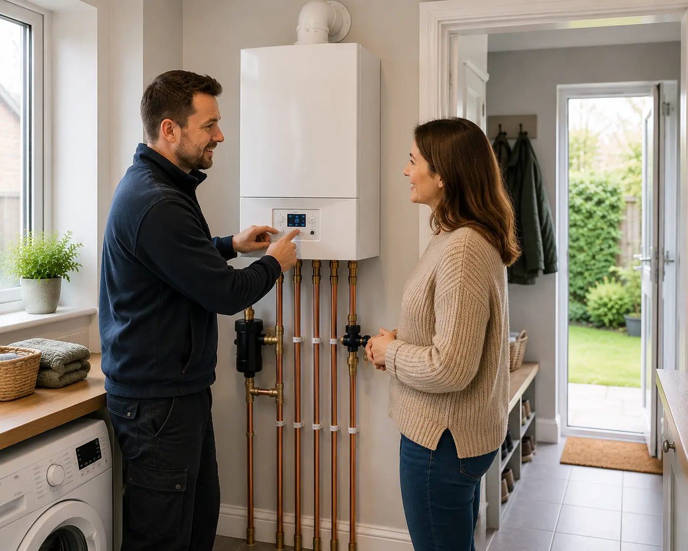 Gas engineer adjusting settings on a boiler with a client nearby
