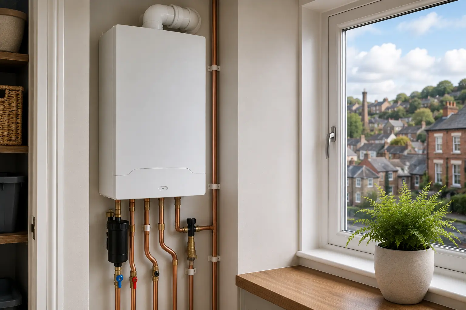 Gas boiler with copper pipework installed in a home setting