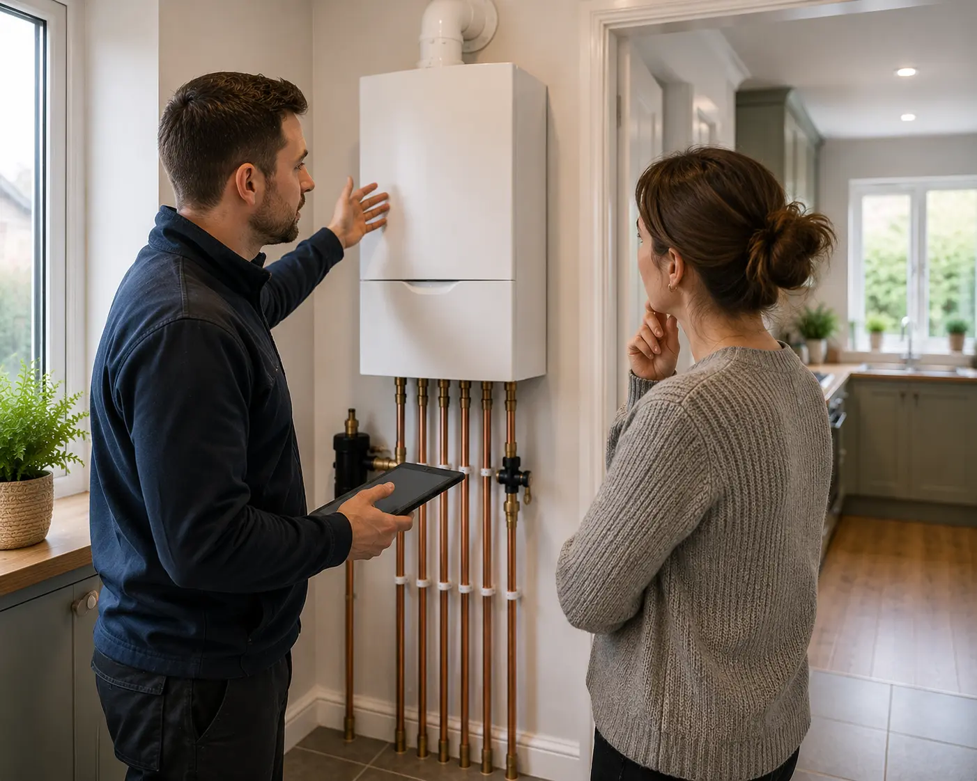 Commercial gas engineer explaining a gas boiler to a client