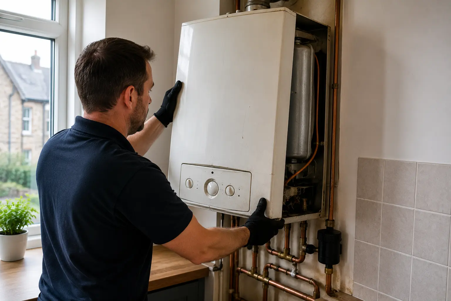 Commercial gas engineer working on a gas appliance in a kitchen