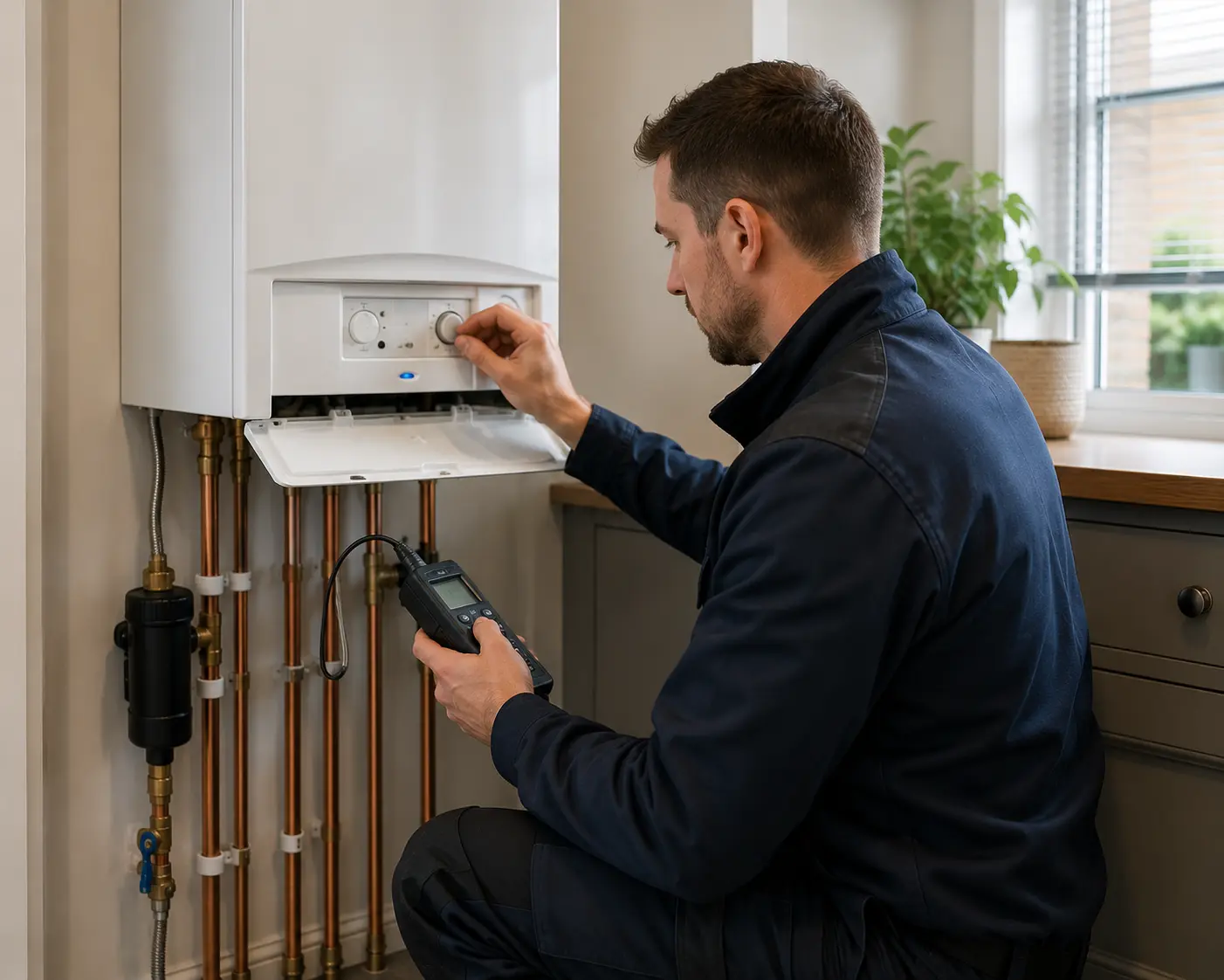 Commercial gas engineer adjusting a boiler in a kitchen