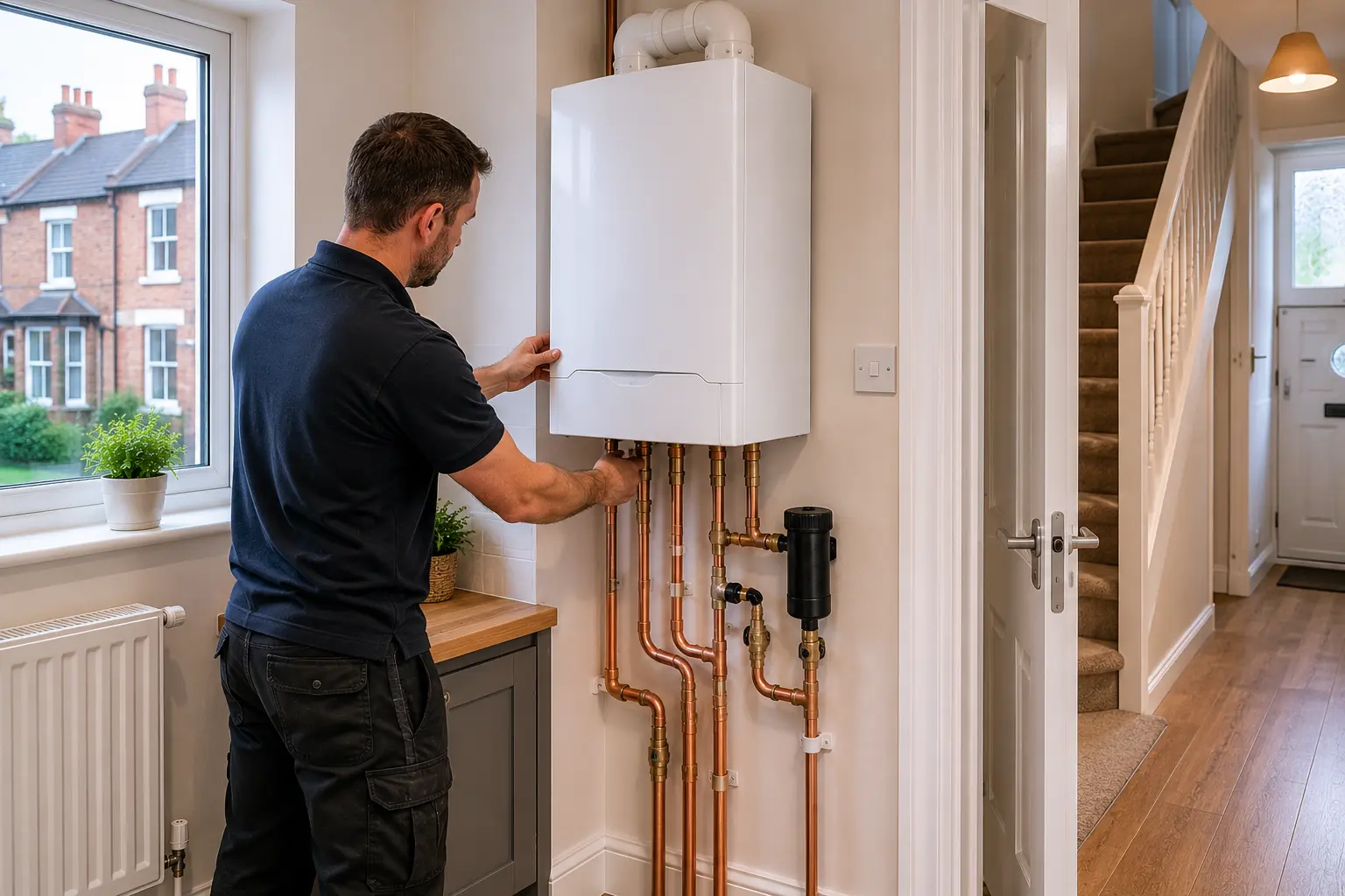 Gas engineer inspecting boiler and pipework in a home